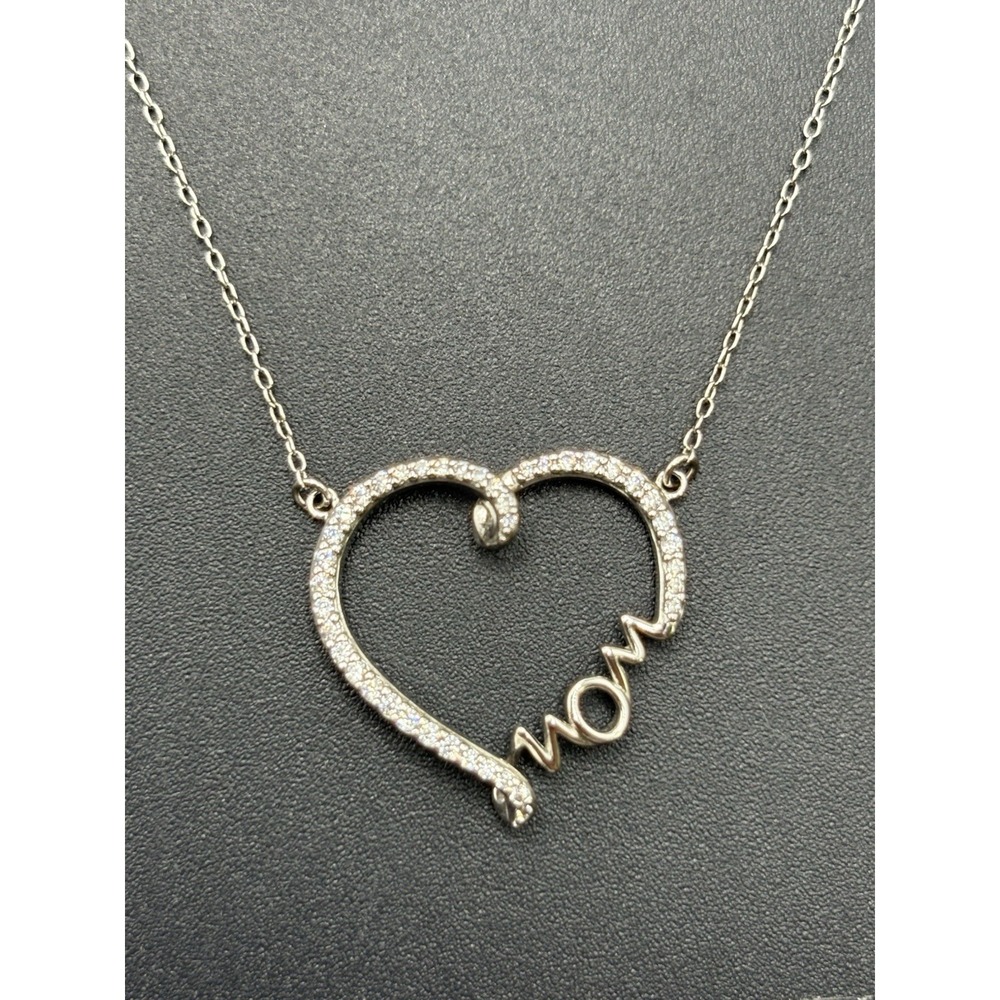 EUC 18" Sterling Silver Cubic Zirconia Heart Mom Pendant Necklace F8